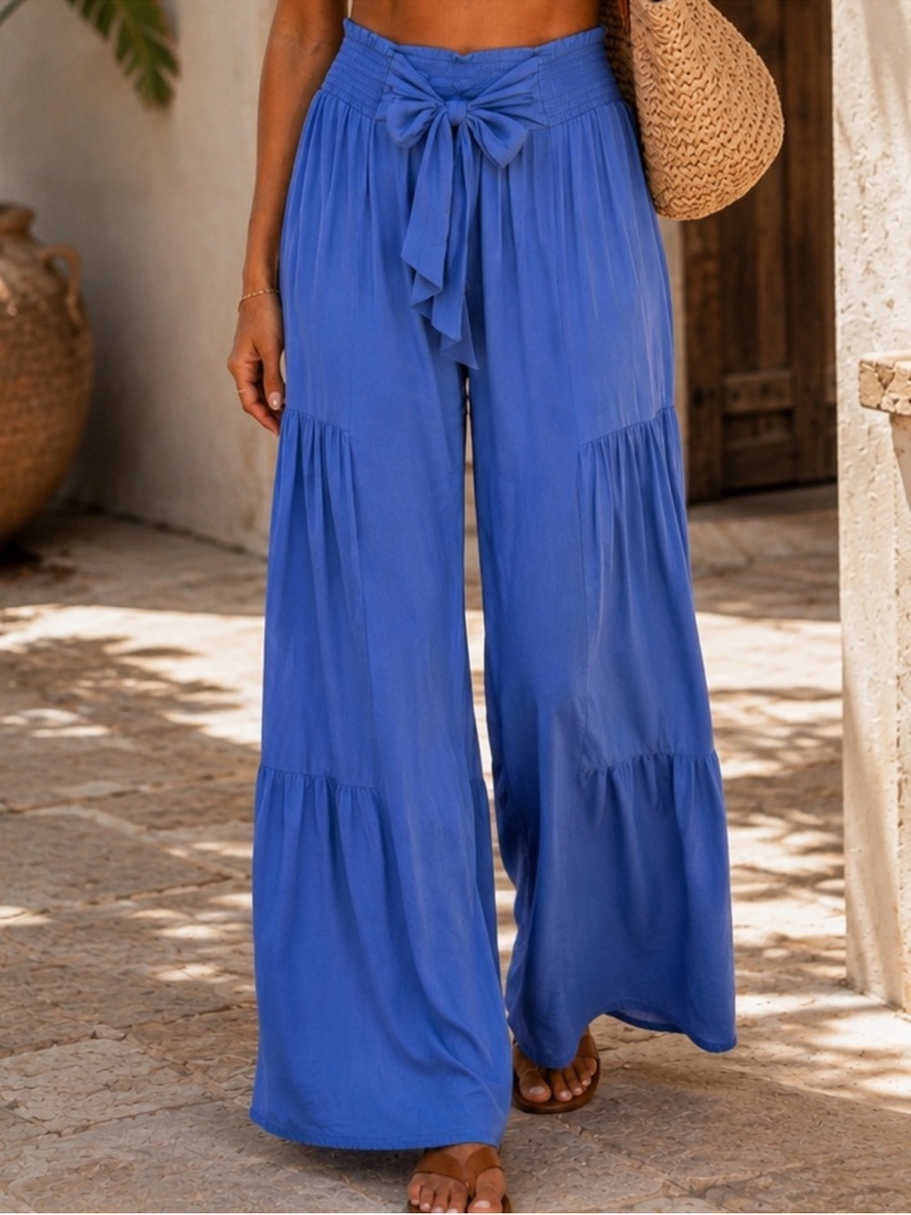 Fashion Nova Cobalt Blue Tiered Wide-Leg Tie-Waist Boho Pants